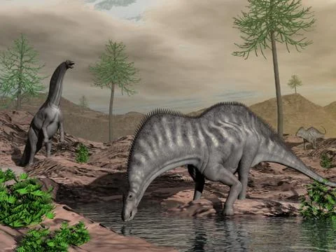 Amargasaurus dinosaur herd going to drink - 3D render Stock Illustration