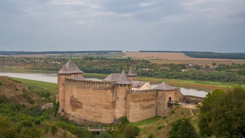 Amasing timelapse of Khotyn medieval castle or fortress on the green hill above Stock Footage 283356025