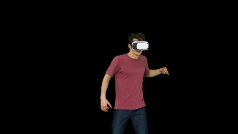 Amazed man using VR headset glasses touching and interacting with virtual 스톡 동영상 115996086