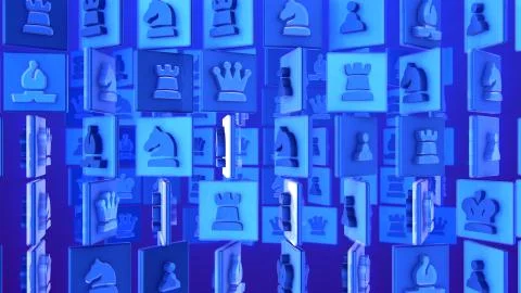 Amazing 3d illustration of chess multiscreen rotation symbols of pawns, horse Stock-Illustration