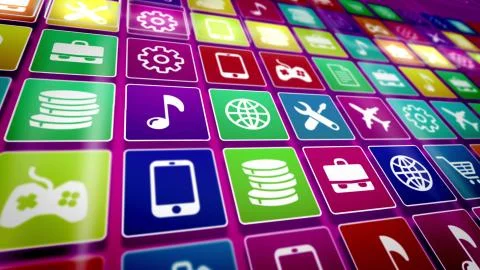 An amazing 3d rendering of a colorful application icons screen placed askew.  Stock Illustration