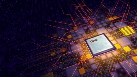 An amazing 3d rendering of a CPU chip put askew in the violet backdrop. It is Stock Illustration