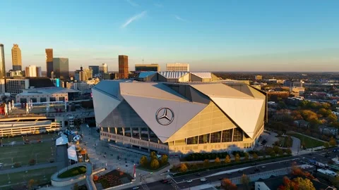 Amazing 4K drone footage capturing the iconic Mercedes-Benz Stadium in Atlanta Stock Footage 321367114