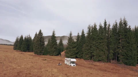 Amazing Aerial Shots of a Camper in the Apuseni Mountains in Autumn Stock Footage