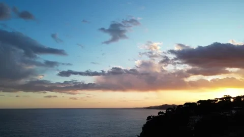 Amazing aerial view, cloudscape, mountain, forest and sea horizon during sunset, Stock Footage 274852239