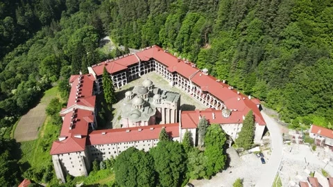Amazing Aerial view of Rila Monastery, Bulgaria Stock Footage
