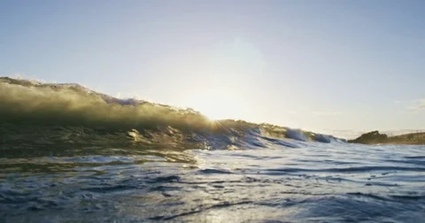 Amazing Backwash Empty Ocean Wave Crashing at Sunset Stock Footage 76283850