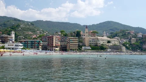 Amazing beach and small bay at the Recco city, Italy Stock Footage 80227383