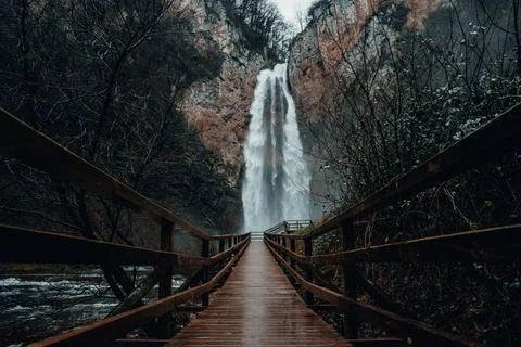 Amazing bridge of waterfall Bliha Stock Photos