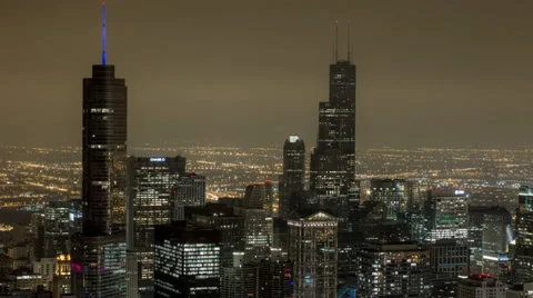 Amazing Chicago Skyline City View High Above at Night with Clouds Stock Footage