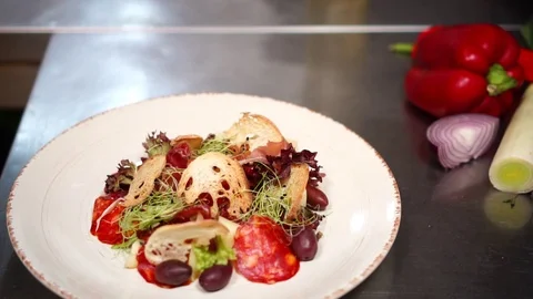 Amazing close up view on delicious vegetable Caesar salad on white plate food Stock-Footage 106812457