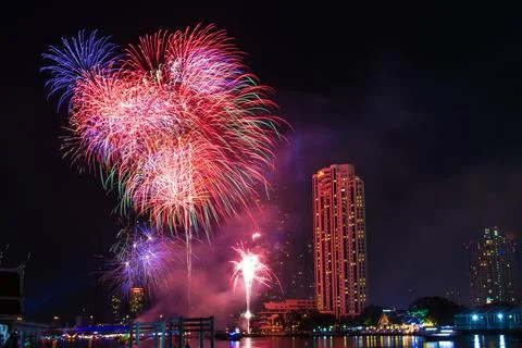 Amazing countdown at Chao Phraya river which celebrate new year Stock Photos