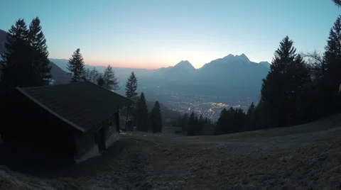 Amazing day to night timelapse of European city in mountains, stars in dark sky Stock Footage