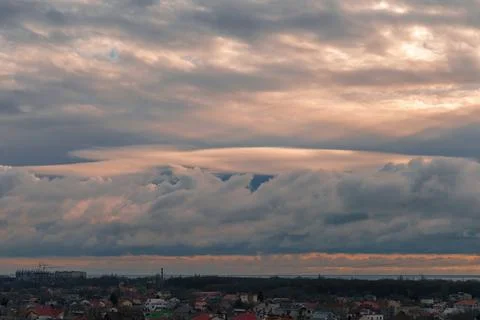 Amazing dramatic sky sunset background. Aerial view of dramatic sunset or Stock-Fotos