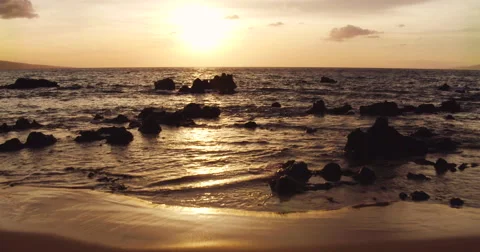 Amazing Dramatic Sunset View. Aerial Shot Flying Low Over Ocean in Hawaii Stock Footage 57056038