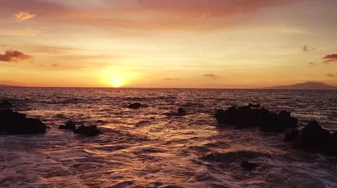 Amazing Dramatic Sunset View. Aerial Shot Flying Low Over Ocean in Hawaii Stock Footage 57063736