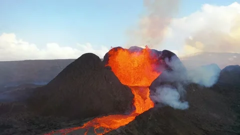 Amazing drone aerial of the dramatic volcanic eruption of the Fagradalsfjall Stock Footage 155740343