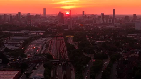 Amazing drone aerial view of sunset in Birmingham, UK Stock-Footage 342005123