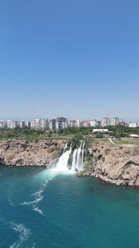Amazing  Düden Waterfall cascading into the Mediterranean Sea, Antalya city Stock-Footage 342826896