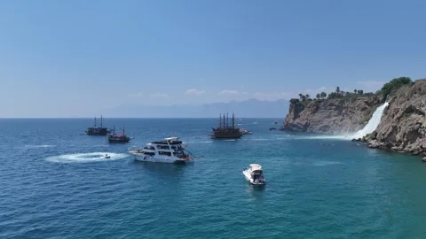 Amazing Düden Waterfall cascading into the Mediterranean Sea Stock Footage 343451653