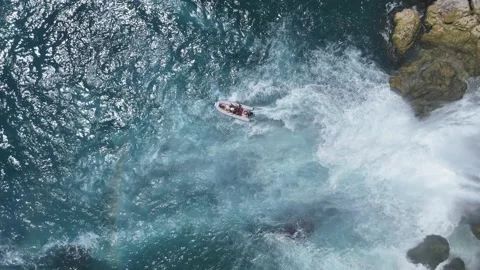 Amazing Düden Waterfall falling into Mediterranean sea with tour boats around Stock Footage 342957351