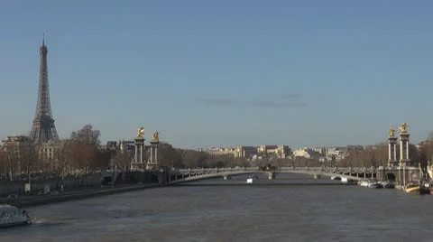 Amazing Eiffel Tower and Alexander Bridge paris day river sena boats Stock Footage 10762875