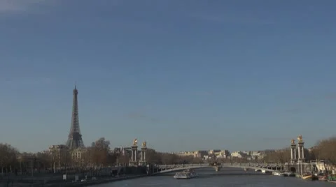 Amazing Eiffel Tower and Alexander Bridge sunny day paris france boats river  Stock Footage 10772527