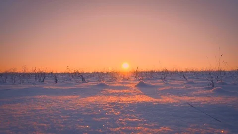 Amazing empty winter field illuminating at beautiful yellow sunset or sunrise 動画素材 101461941