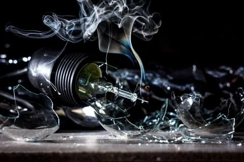 Amazing explosion of a burning light bulb with splinters and smoke on a black Stock Photos