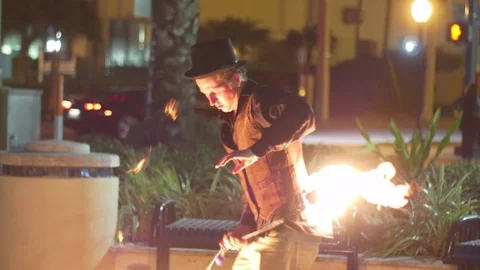 Amazing fire performance, solo steampunk look Stock Footage 89756416