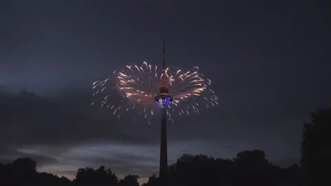 Amazing fireworks coming from the TV Tower in Tallinn. Independence Day. Stock Footage 242539095