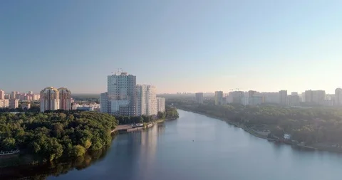 Amazing flight over the blue river in the modern city aerial 201881455722DJI Stock Footage 108089992