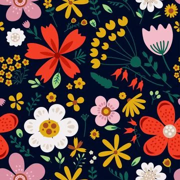 Amazing floral vector seamless pattern of bright colorful vintage flowers Stock Illustration