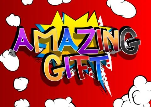 Amazing Gift Comic book style cartoon words on abstract comics background. Stock-Illustration