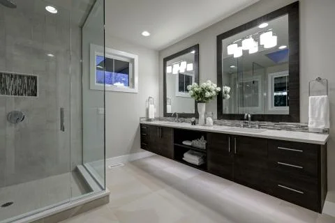 Amazing gray master bathroom with large glass walk-in shower, freestanding tub a Stock Photos