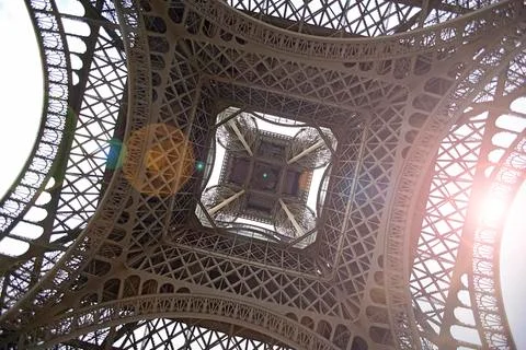 Amazing image looking up from underneath the Eiffel Tower in Paris Stock Photos