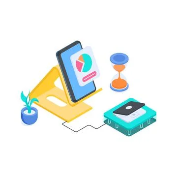 An amazing isometric illustration of remote learning setup with laptop station. Stock Illustration