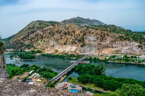Amazing landscape of the Buna river with the Ura Bunes Shkoder bridge Stock Photos
