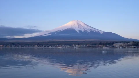 Amazing landscape of Fuji mount reflected in the lake water at early spring Video stock 112585325