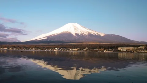 Amazing landscape of Fuji mount reflected in the lake water at early spring Stock Footage 124359636
