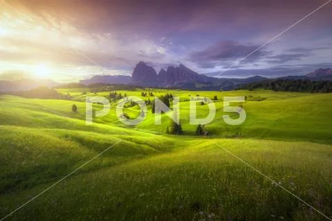 Amazing landscapes view of green hills with summer blue sky on sunrise from S Stock Photos