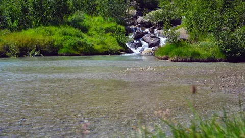 Amazing limpid mountain lake feeded by a stony torrent surrounded by vegetation. Stock Footage 166236312
