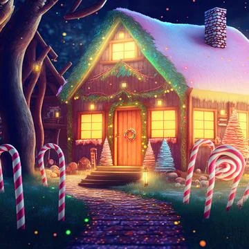 Amazing log house decorated of Christmas lights in magical Stock Illustration
