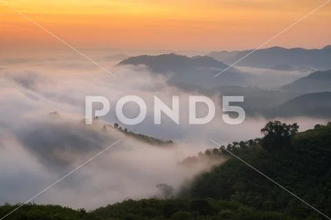 Amazing nature mist moving over the nature mountains during sunrise Stock Photos