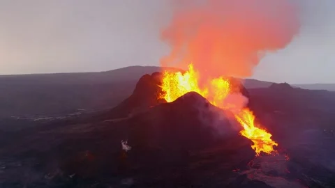 Amazing night drone aerial of the dramatic volcanic eruption of the Stock Footage 155740708