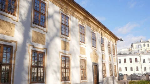 Amazing old two-storey historically important building with wooden windows Stock Footage 112013339
