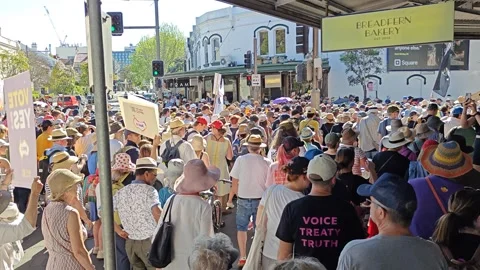 AMAZING PAN OF HUGE CROWDS SUPPORTING INDIGENOUS VOICE TO PARLIAMENT AUSTRALIA Stock Footage 250445337