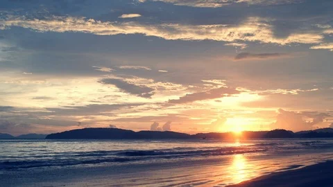 Amazing panoramic landscape with beautiful dramatic sky and sun setting over Stock Footage 89544514