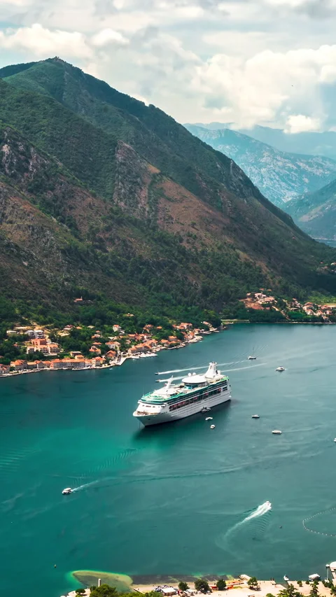 Amazing panoramic vertical hyperlapse video of the picturesque bay of Kotor bay Stock Footage 270177598