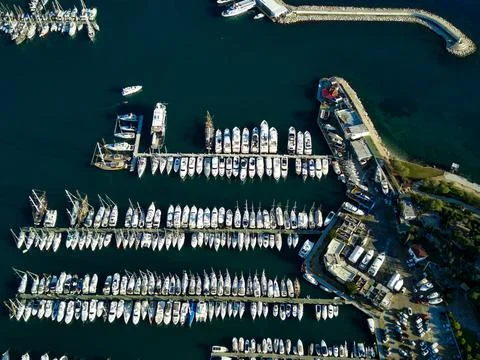 Amazing panoramic view from drone of Bodrum harbour and ancient Kalesi castle Stock Photos